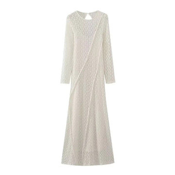 Mqtime Flower Mesh Maxi Long Women Autumn Dress O Neck Long Sleeve Backless Party Vestidos De Fiesta Beige Christmas Dress
